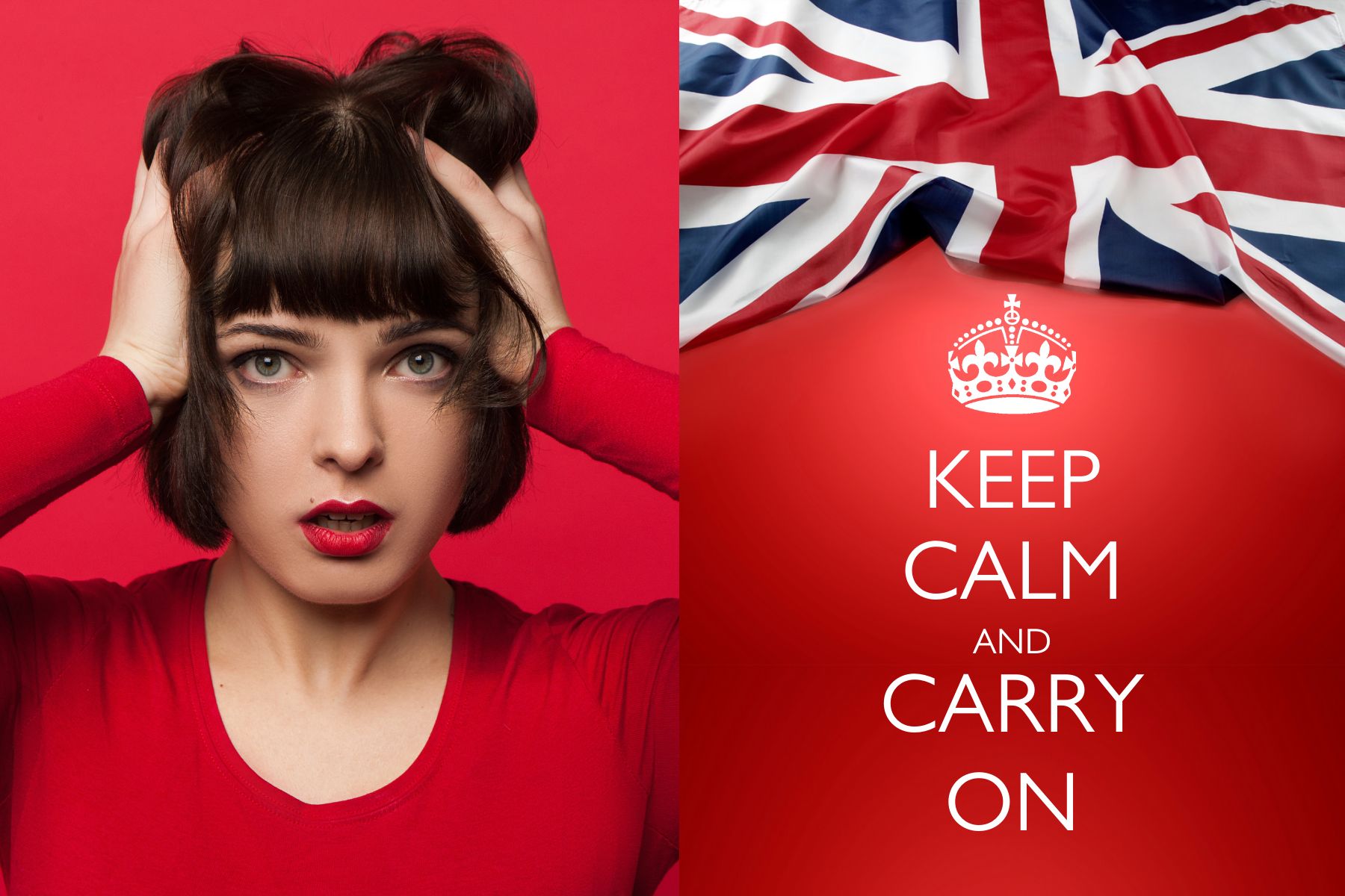 Woman looking worried then message 'Keep Calm and Carry On'