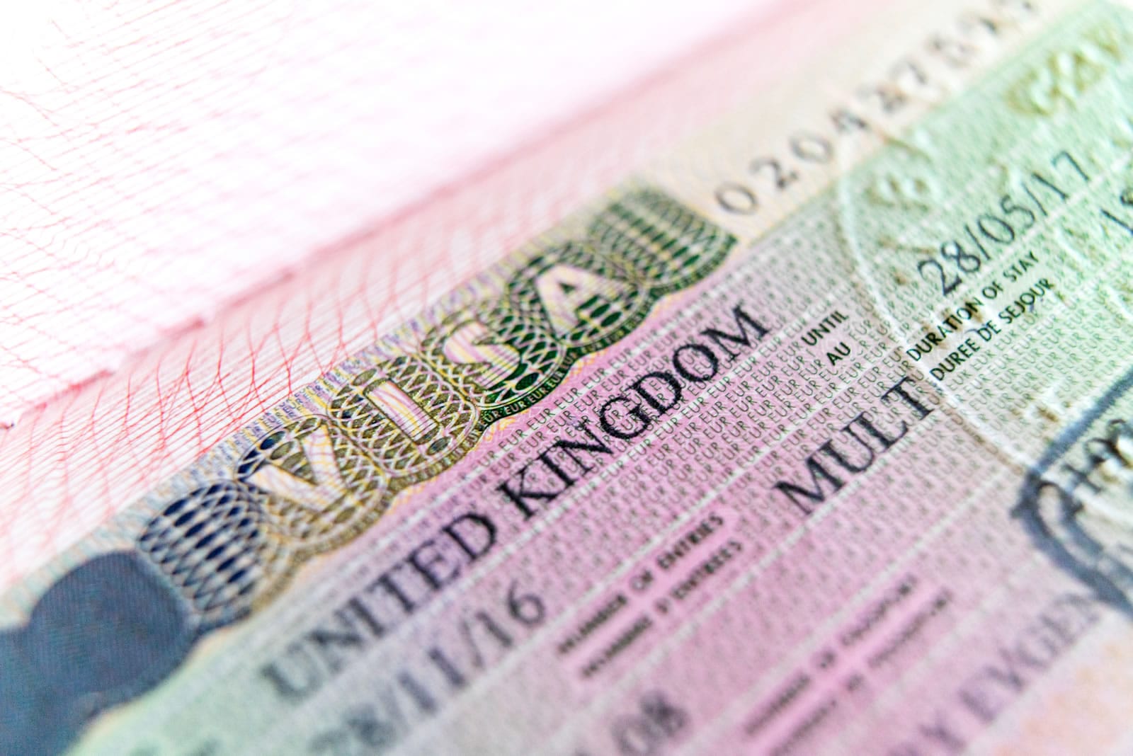 Close up of UK visa in passport