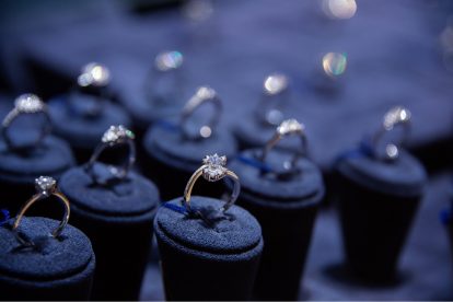 Close up of diamond rings displayed in a jewellery store