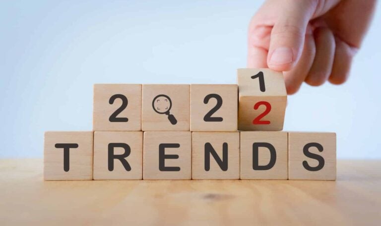 2022 trends concept - children's wooden blocks spell out 2022 trends