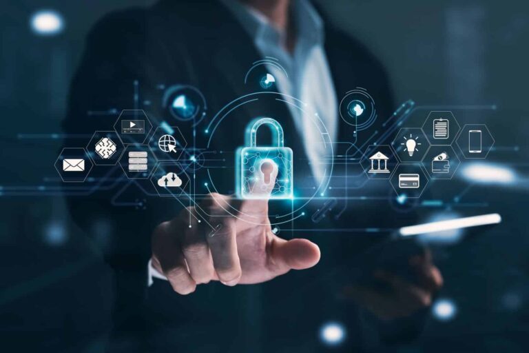 Cybersecurity concept - a man selects a padlock symbol from a collection of icons shown in front of him