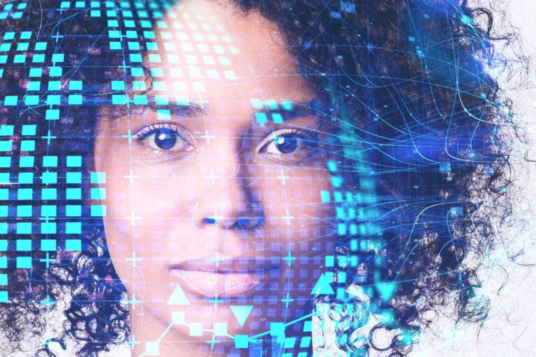 Concept of face-to-face research in the digital age - black woman looks at camera overlaid with blue computer networking graphics