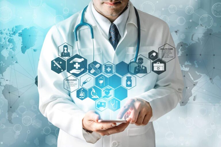 Healthcare research concept - a doctor holds his smartphone while icons representing healthcare research topics float above it