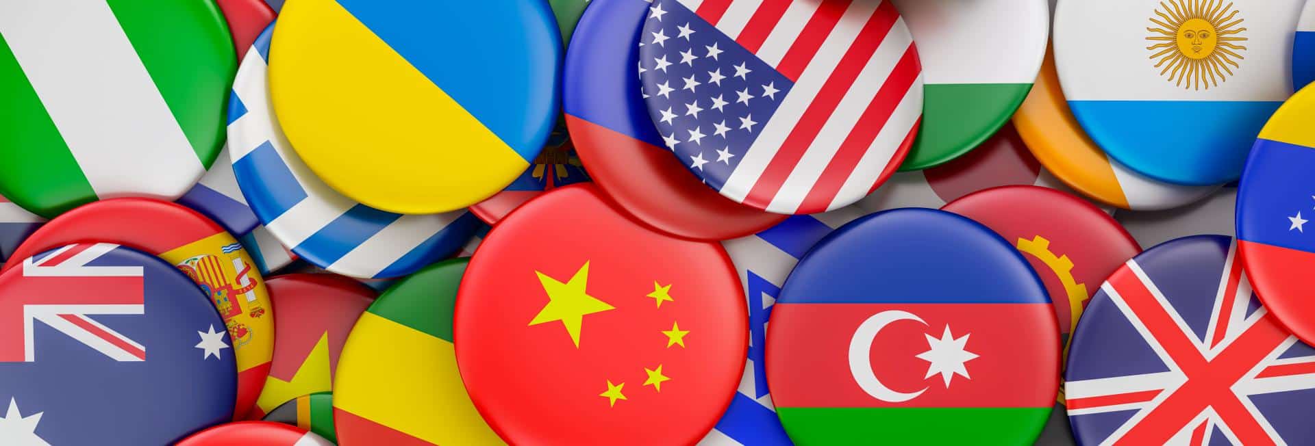 Heap of badges with world flags, 3D rendering