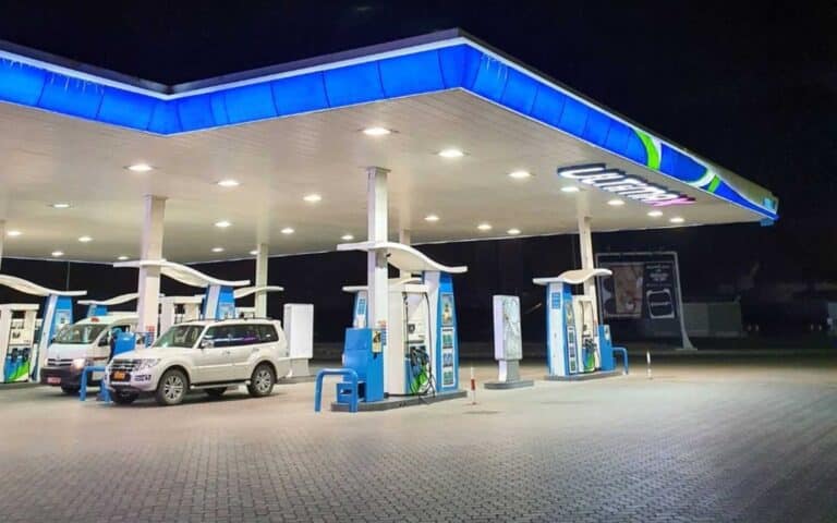 Omani petrol station forecourt at night