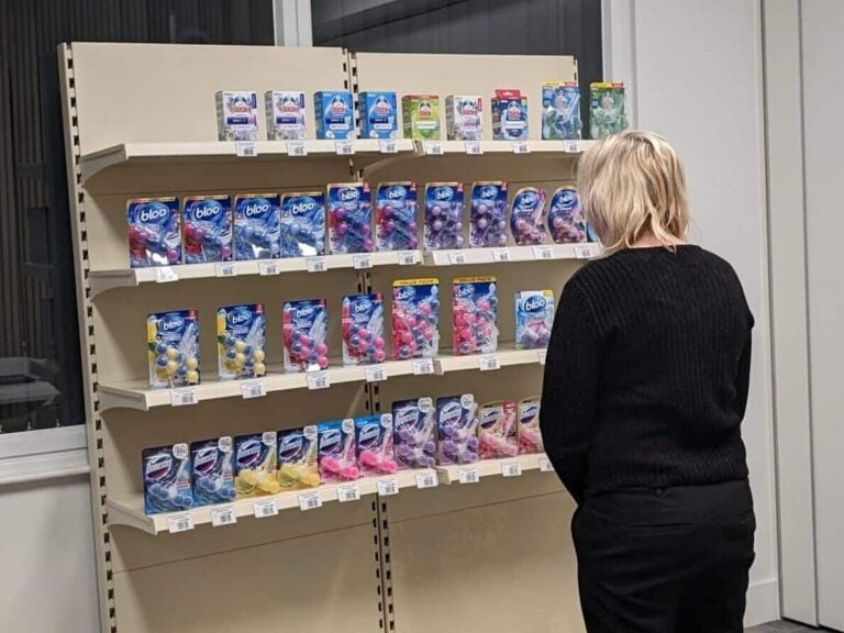customer viewing mock store display of toilet cleaning products on shelf in research facility