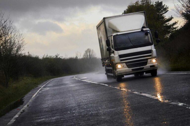 A truck transporting goods along the A1 motorway, England UK