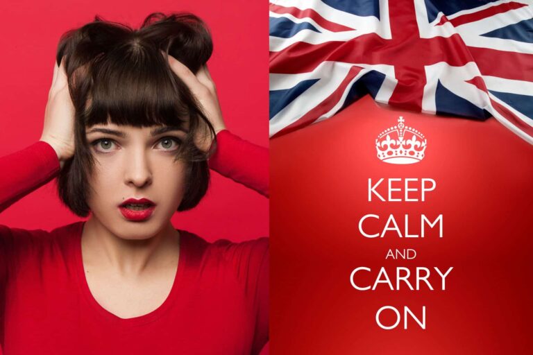 Keep calm and carry on concept - a woman holds her head in her hands next to a poster showing the slogan
