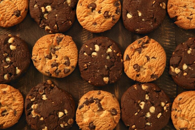 tray of double choc chip and chocolate chip cookies fresh out of the oven