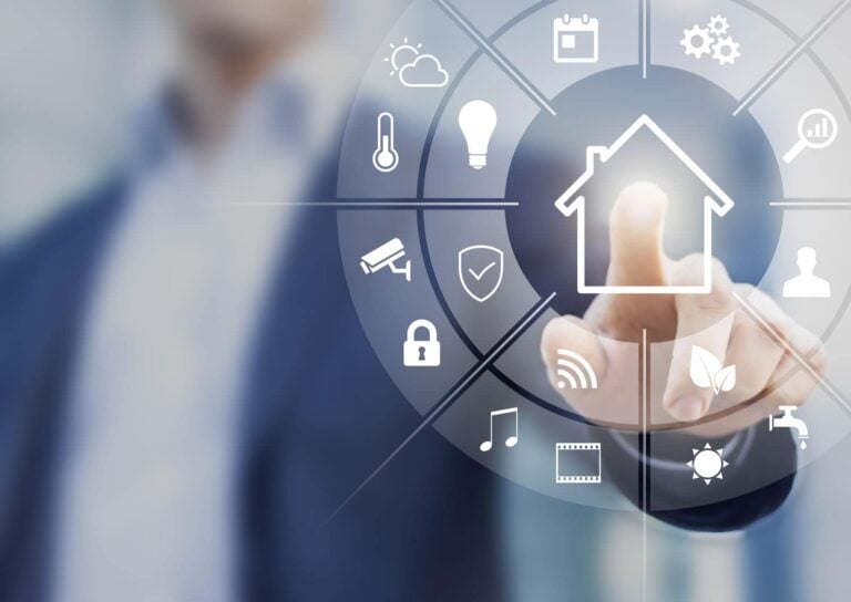 man touching home button on circular interface of smart home technology assistant