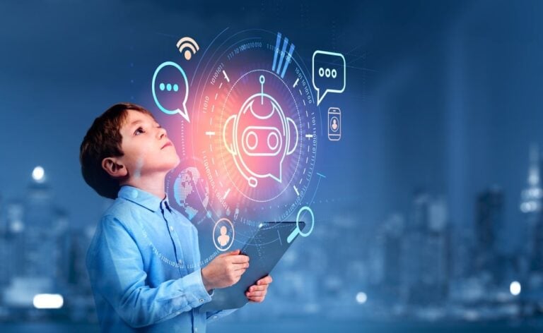 child holding tablet speaking to virtual robot chatbot
