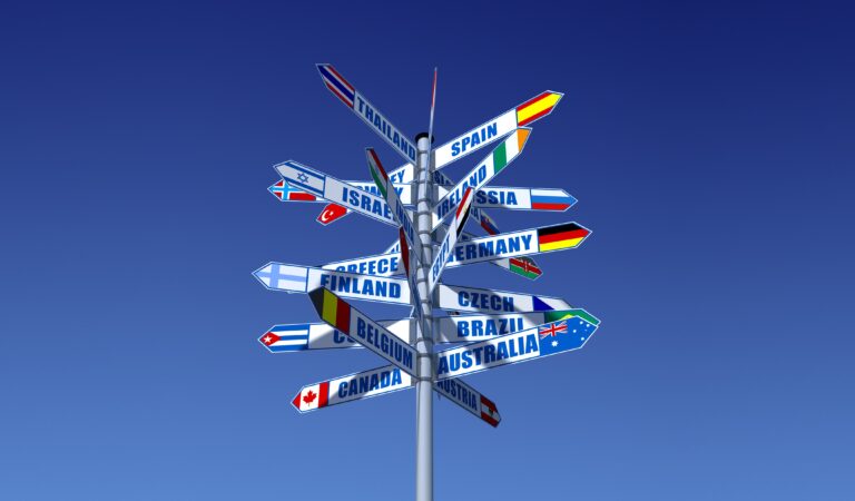 Signpost pointing to many different countries shown against clear blue sky