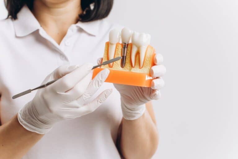 dentist with dental implant mock-up in dental surgery white background