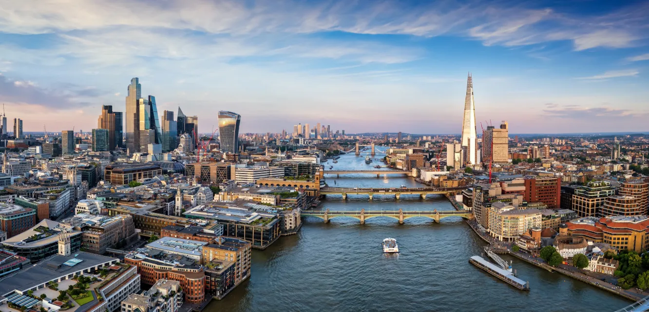 London skyline, River Thames on a sunny morning looking towards the City