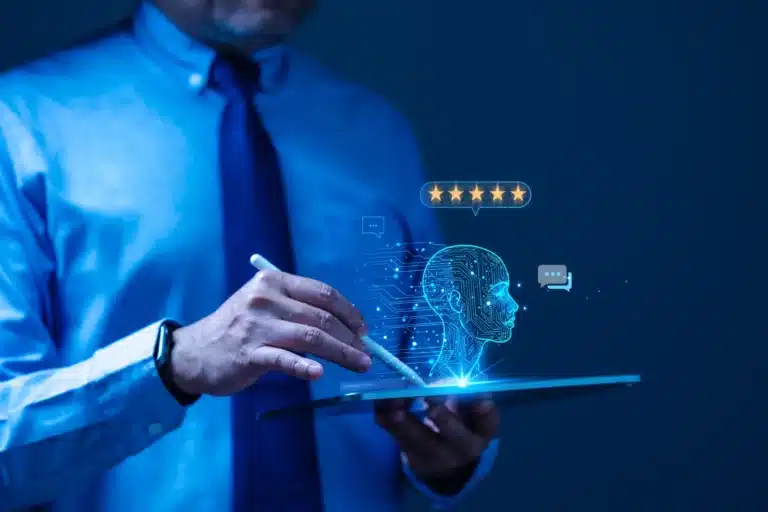 Synthetic respondents concept - a man draws on a tablet computer and creates a 3D talking head