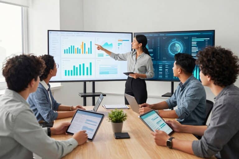 Market research team reviewing results from quantitative research with draft charts created by AI on two large screens
